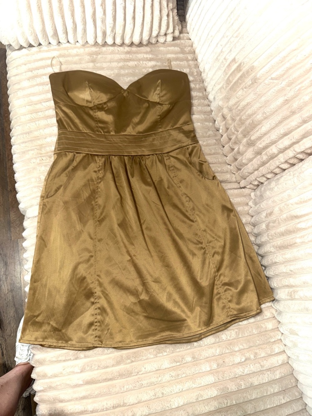 Lola Strapless Gold/Champange Satin Fit & Flare Dress w pockets